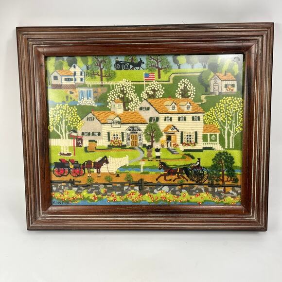 Handmade Other - Framed 1981 Folk Art Needlepoint Horse Buggy Country Scene Signed 22.5"x19" Vtg